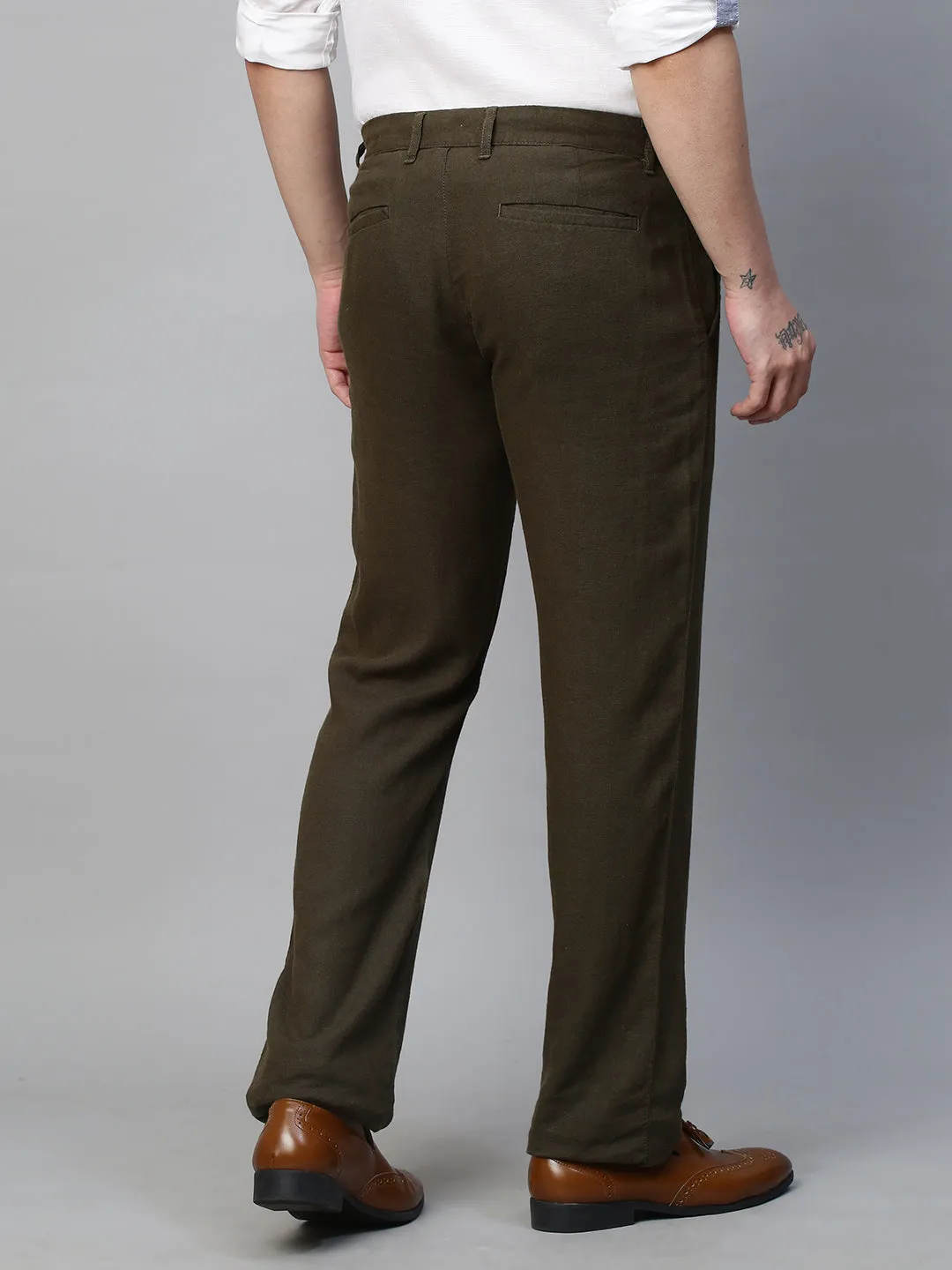 Men's Olive 100% Linen Regular Fit Pant