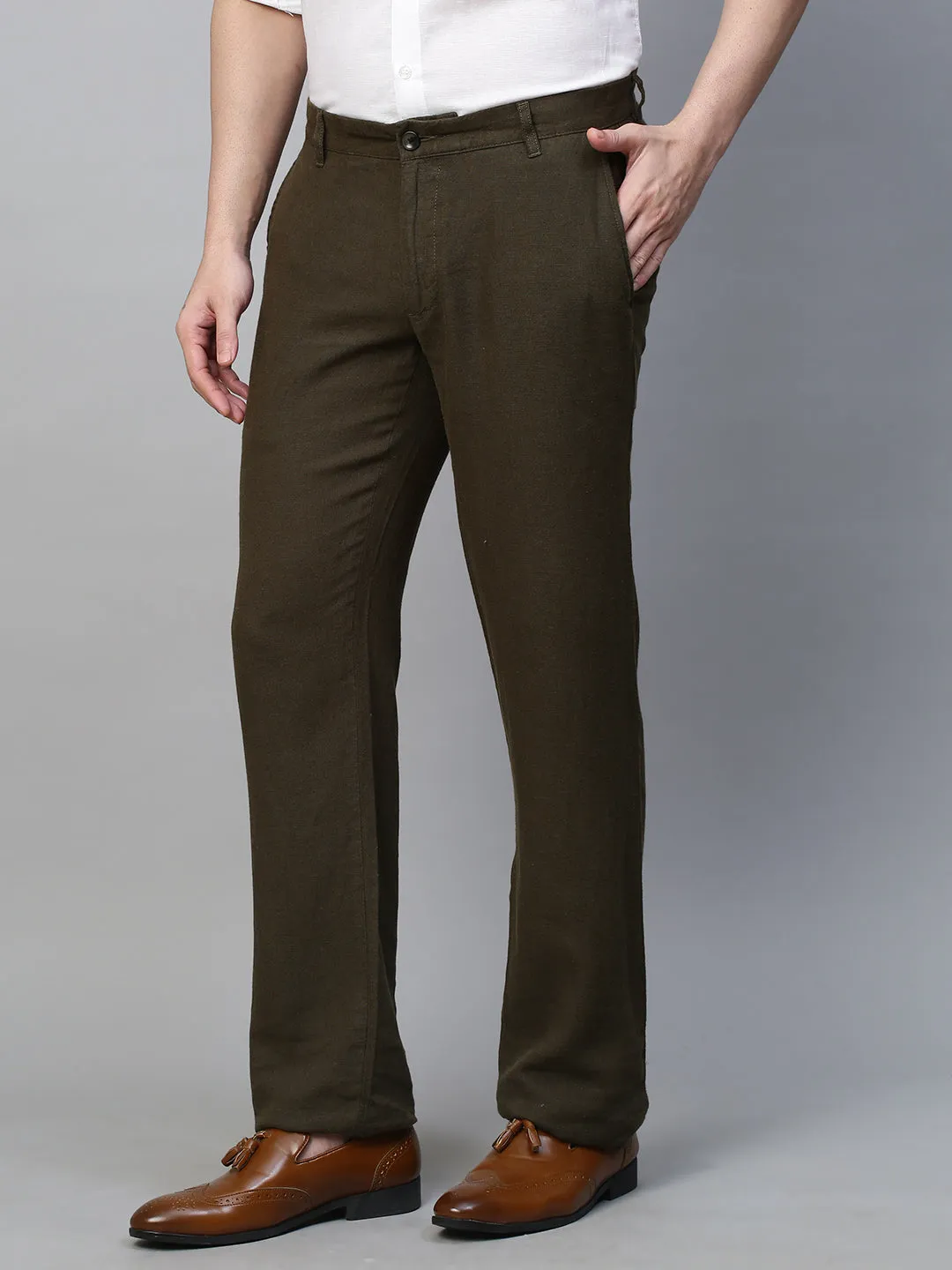 Men's Olive 100% Linen Regular Fit Pant