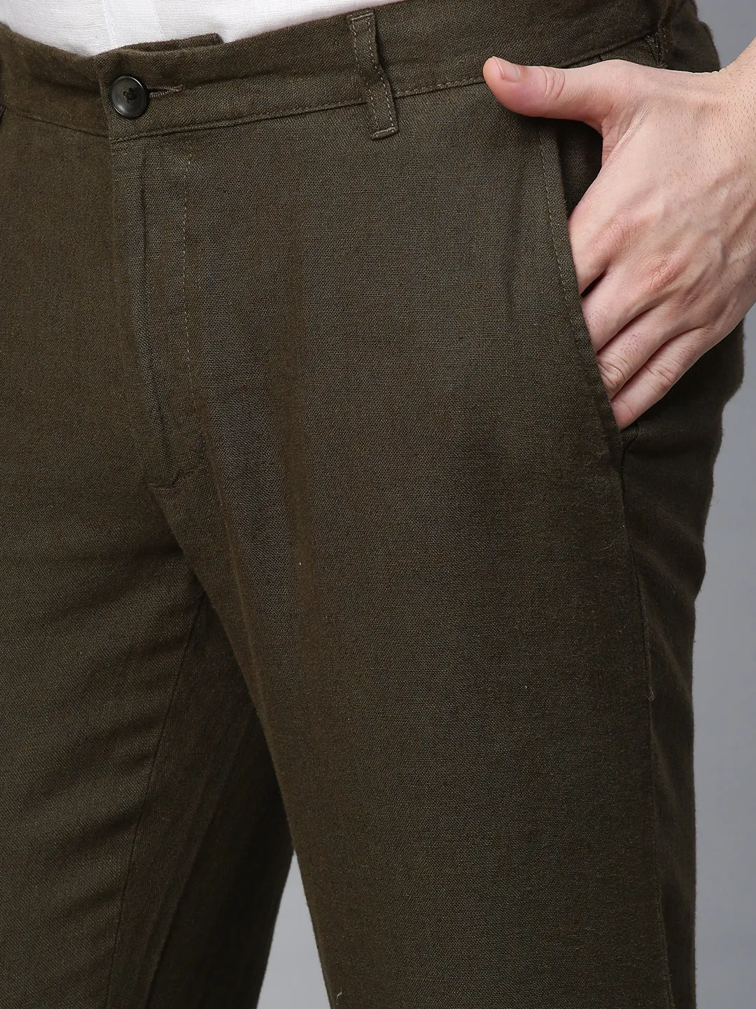 Men's Olive 100% Linen Regular Fit Pant