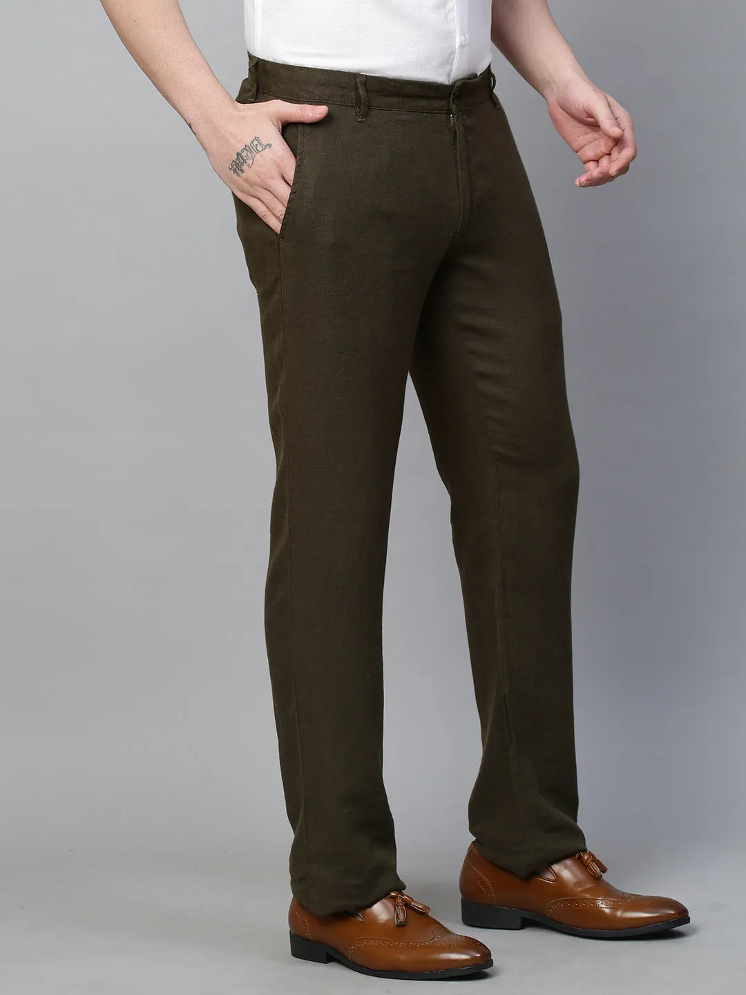 Men's Olive 100% Linen Regular Fit Pant