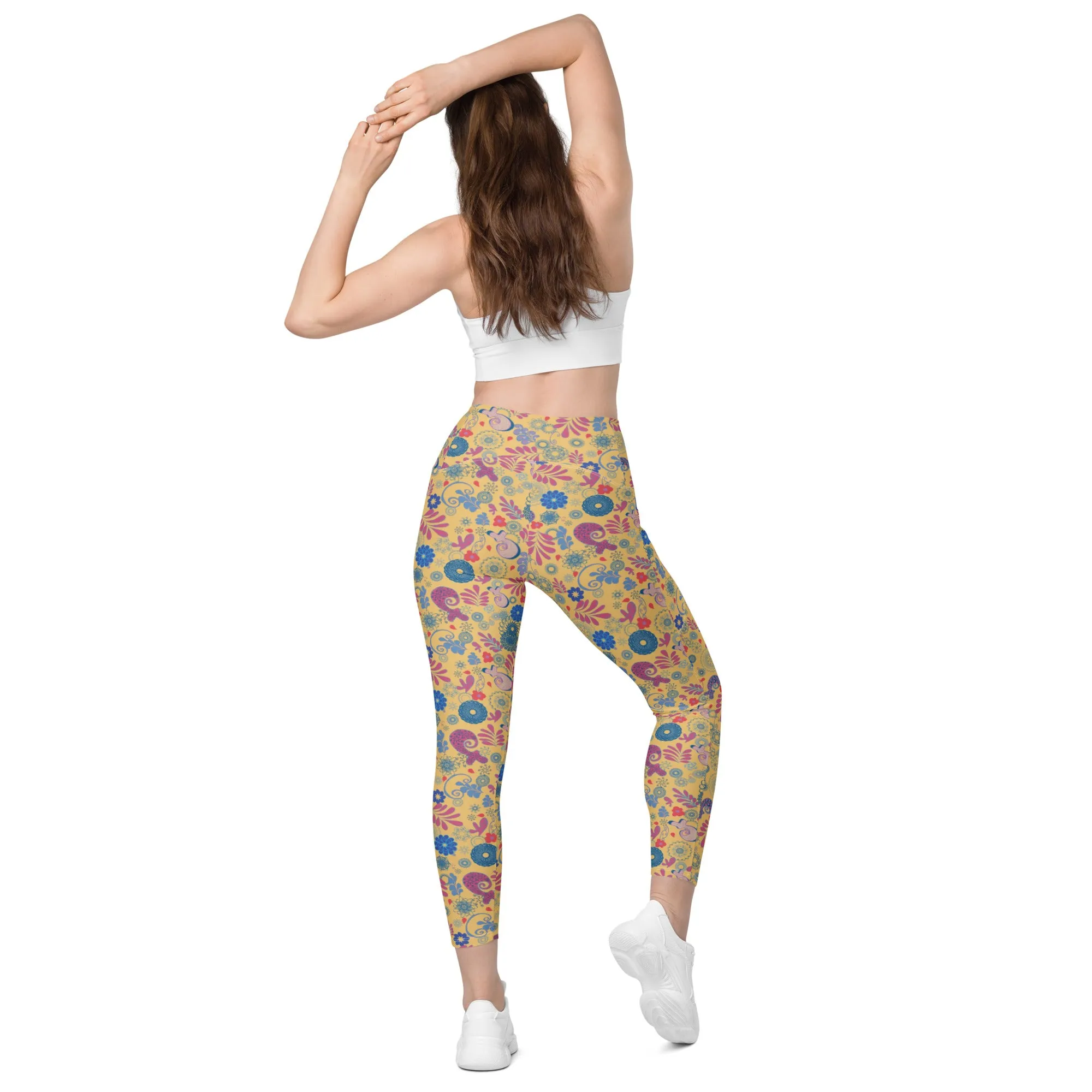 Mustard Paisley Crossover leggings with pockets