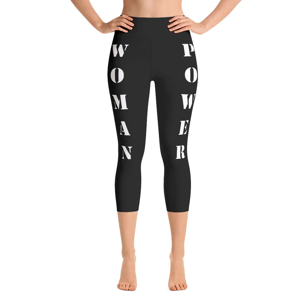 Our best viral yoga capri leggings with woman power - Black Color with White Letters