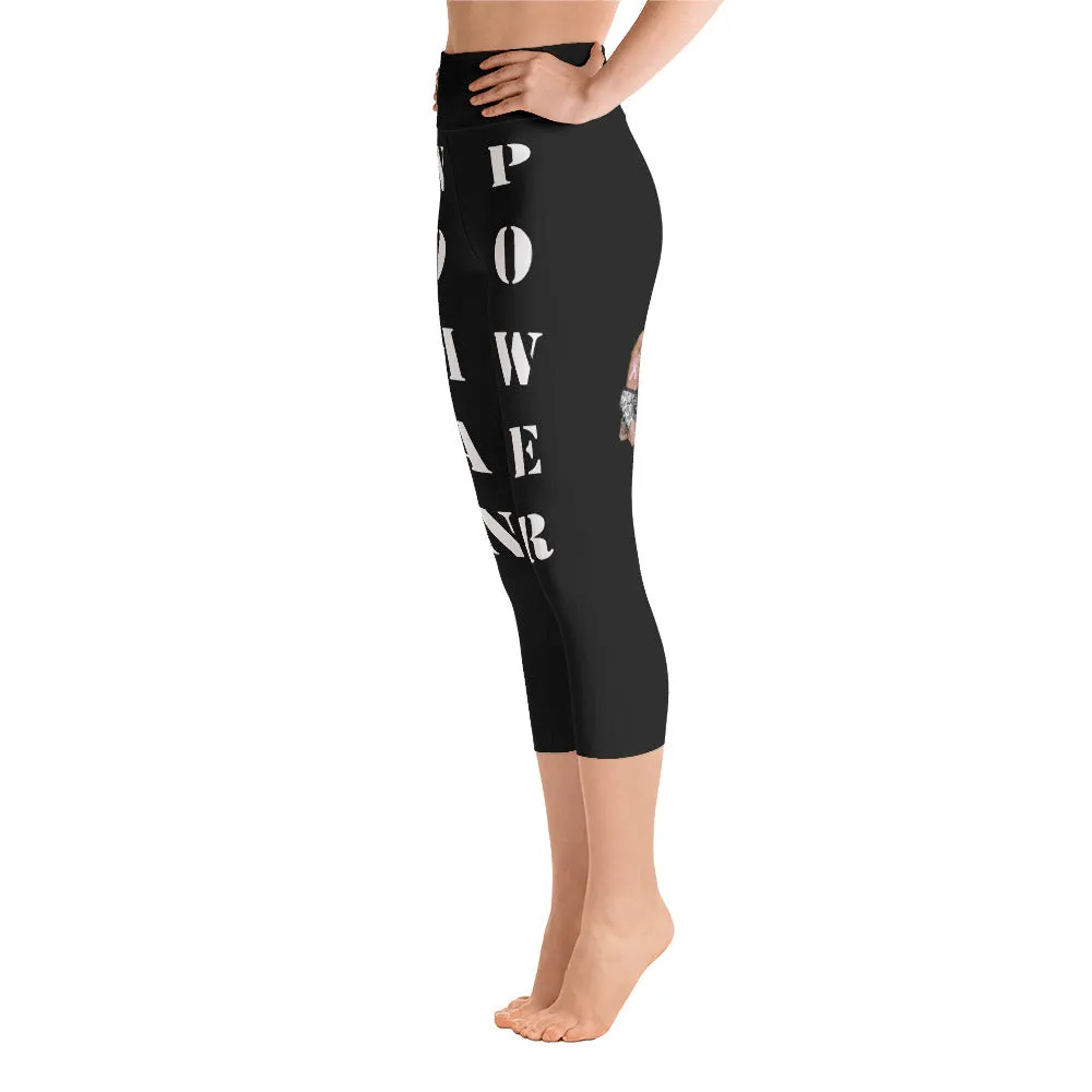 Our best viral yoga capri leggings with woman power - Black Color with White Letters