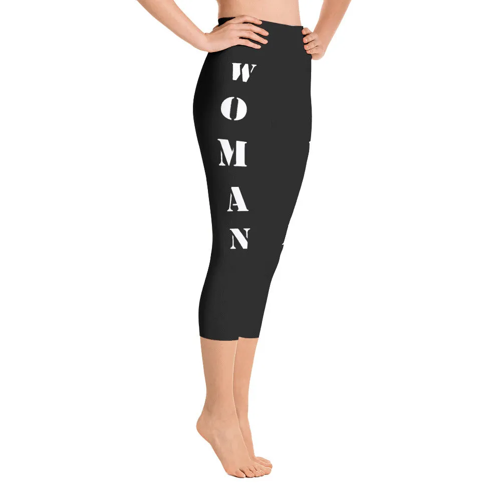 Our best viral yoga capri leggings with woman power - Black Color with White Letters