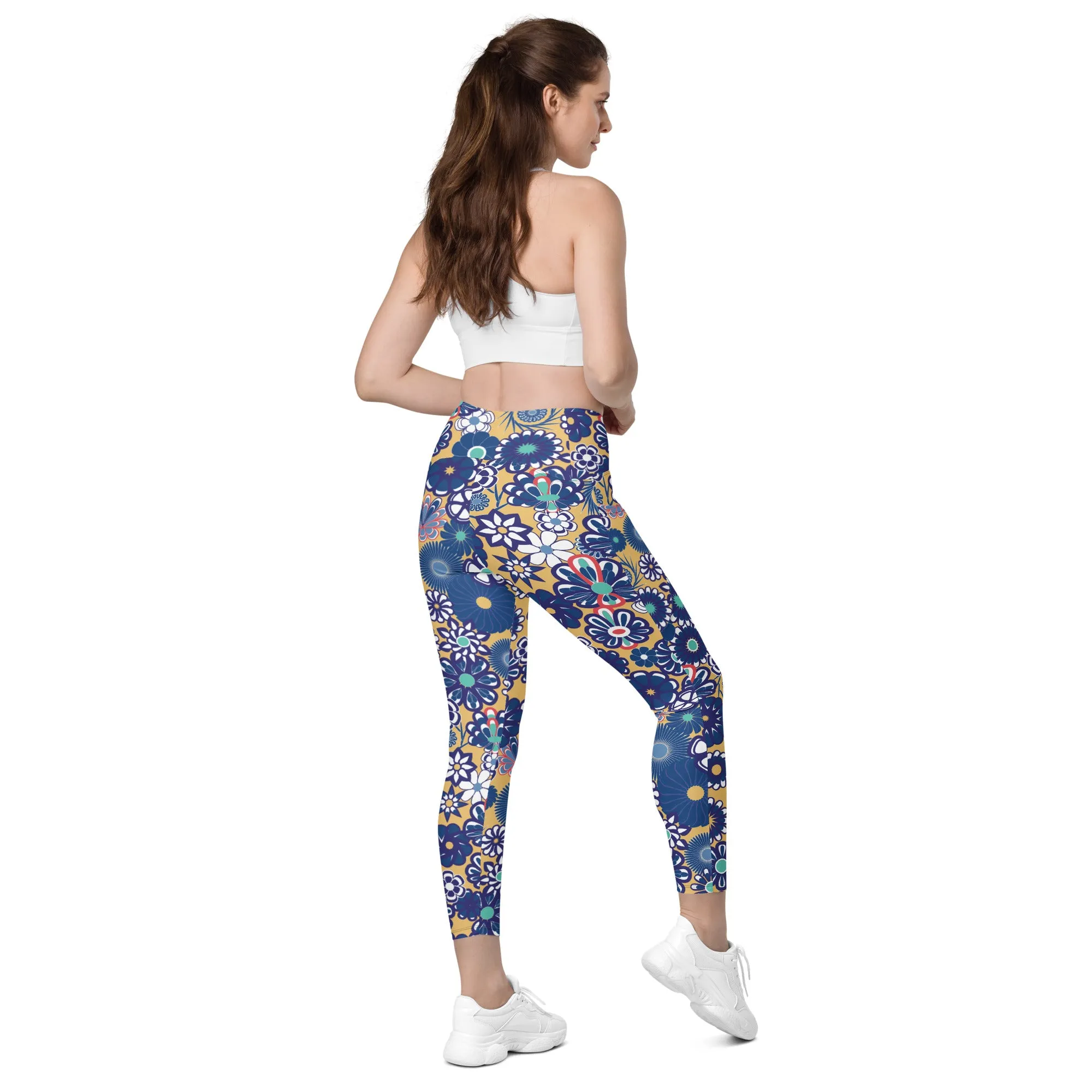 Peach & Navy Floral Crossover leggings with pockets