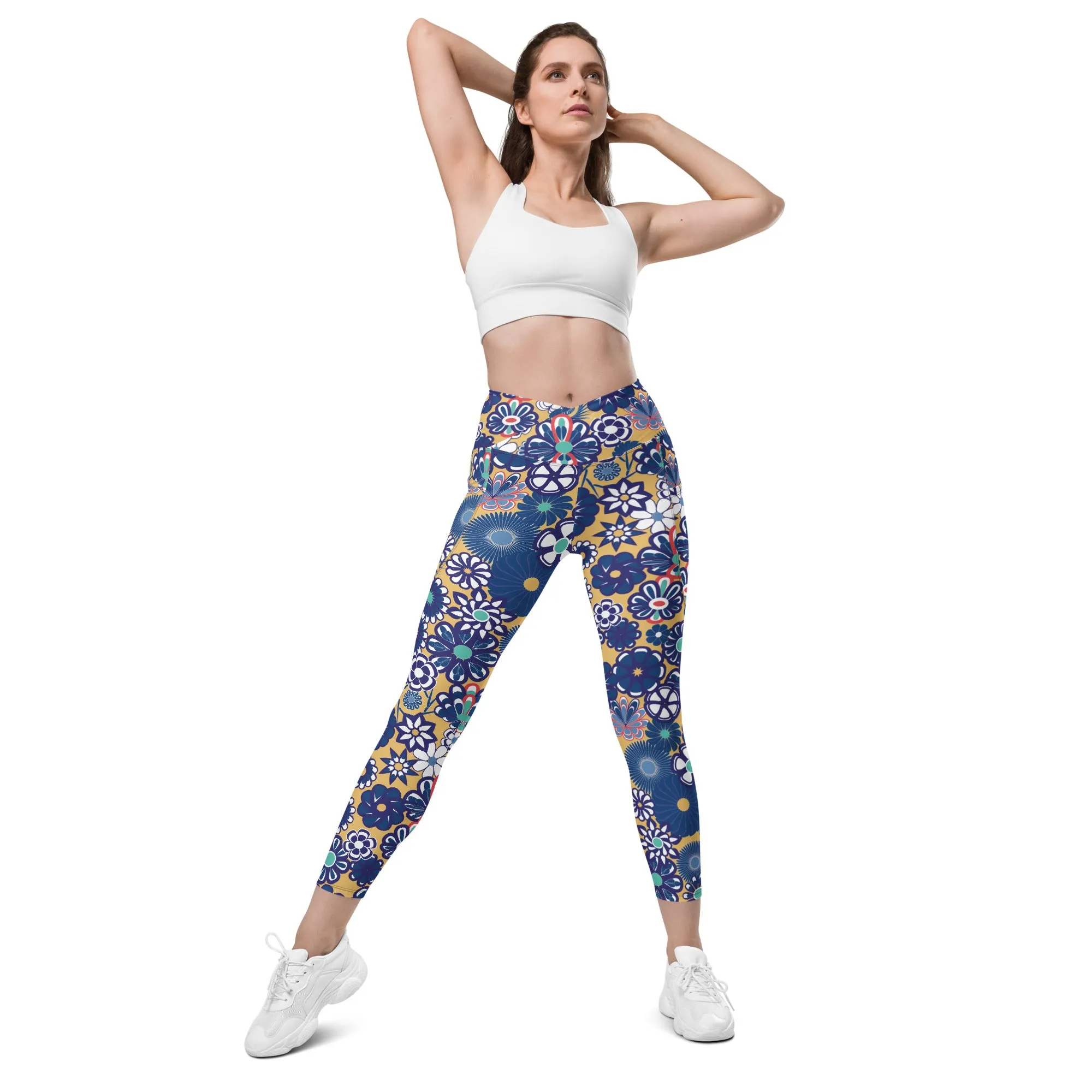 Peach & Navy Floral Crossover leggings with pockets