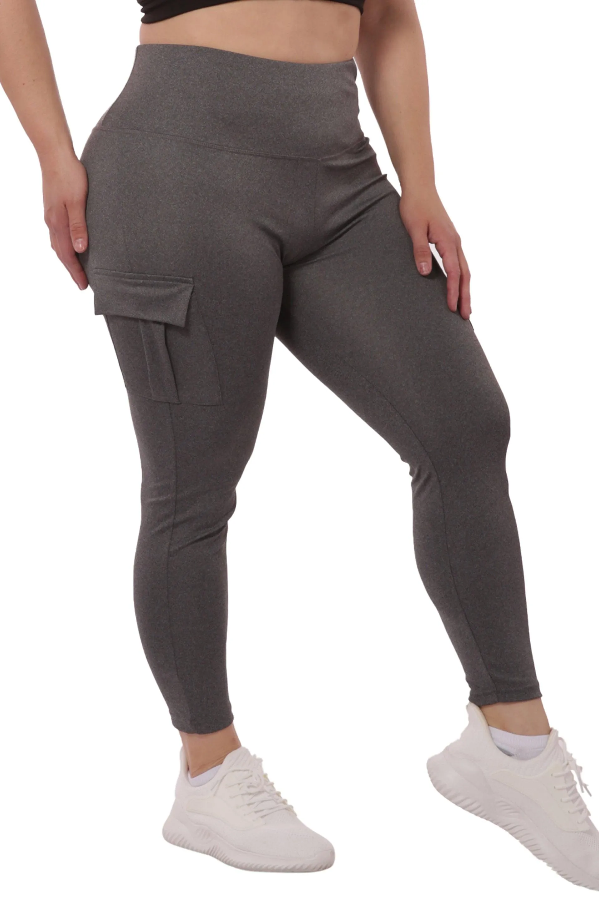 Plus Size Tummy Control Sports Leggings With Side Cargo Pockets - Grey