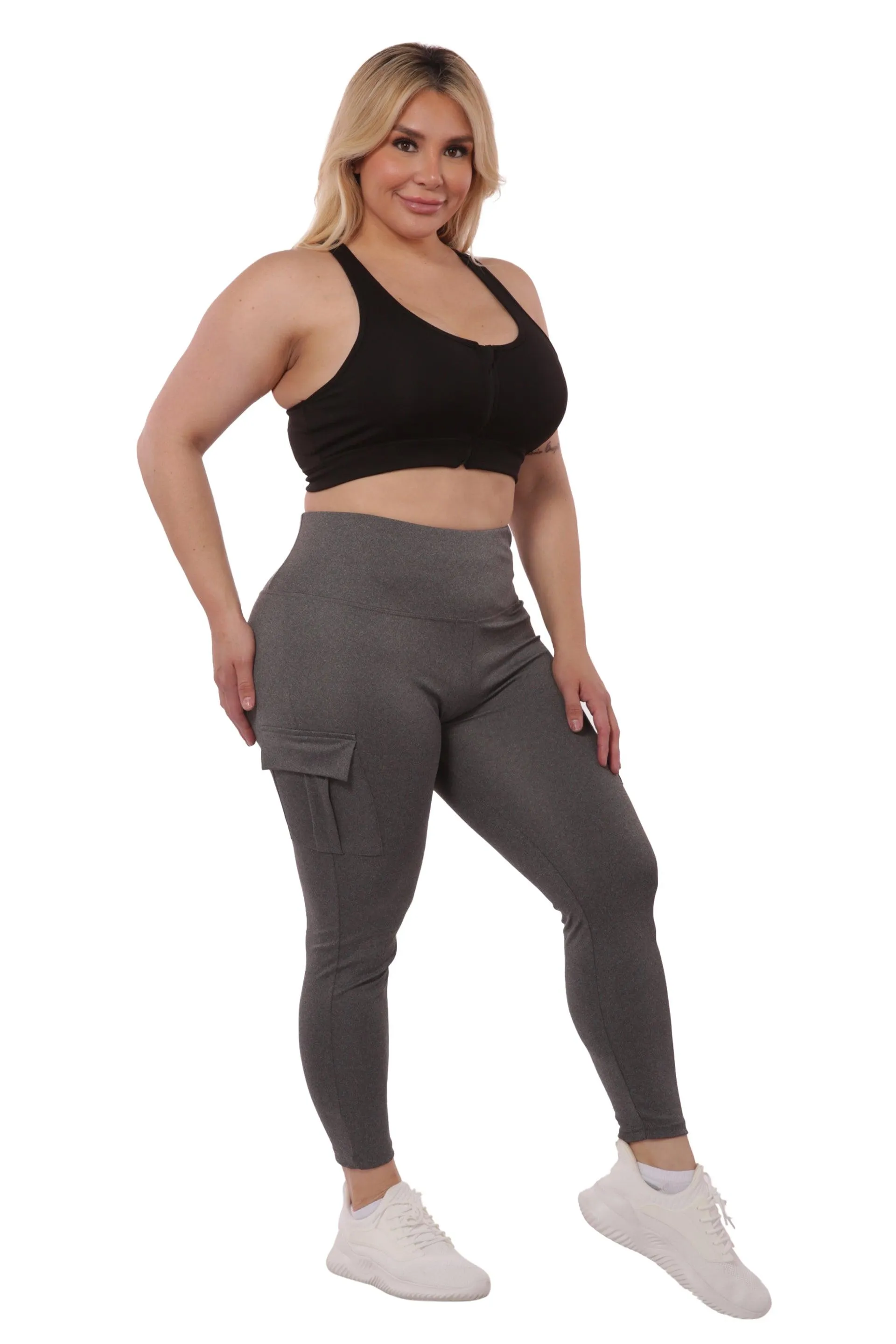 Plus Size Tummy Control Sports Leggings With Side Cargo Pockets - Grey