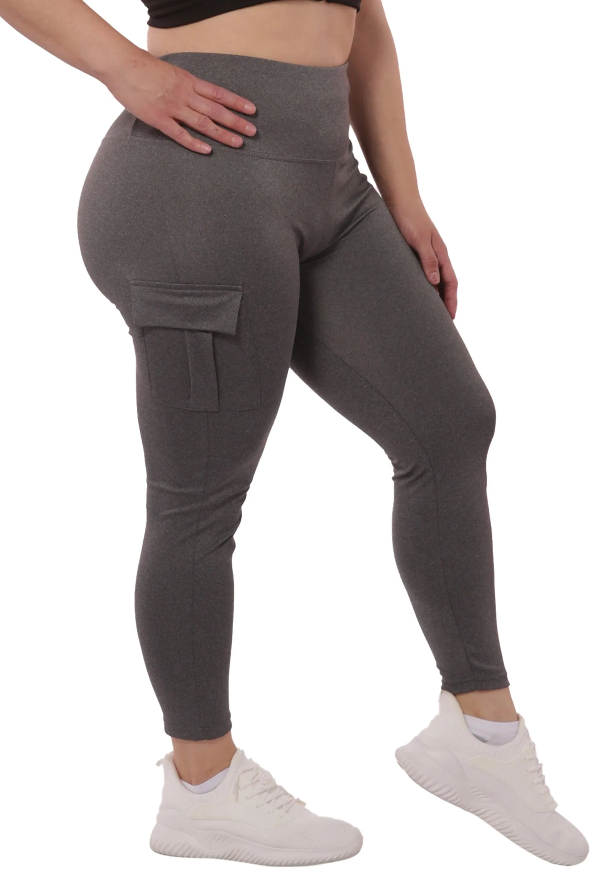 Plus Size Tummy Control Sports Leggings With Side Cargo Pockets - Grey