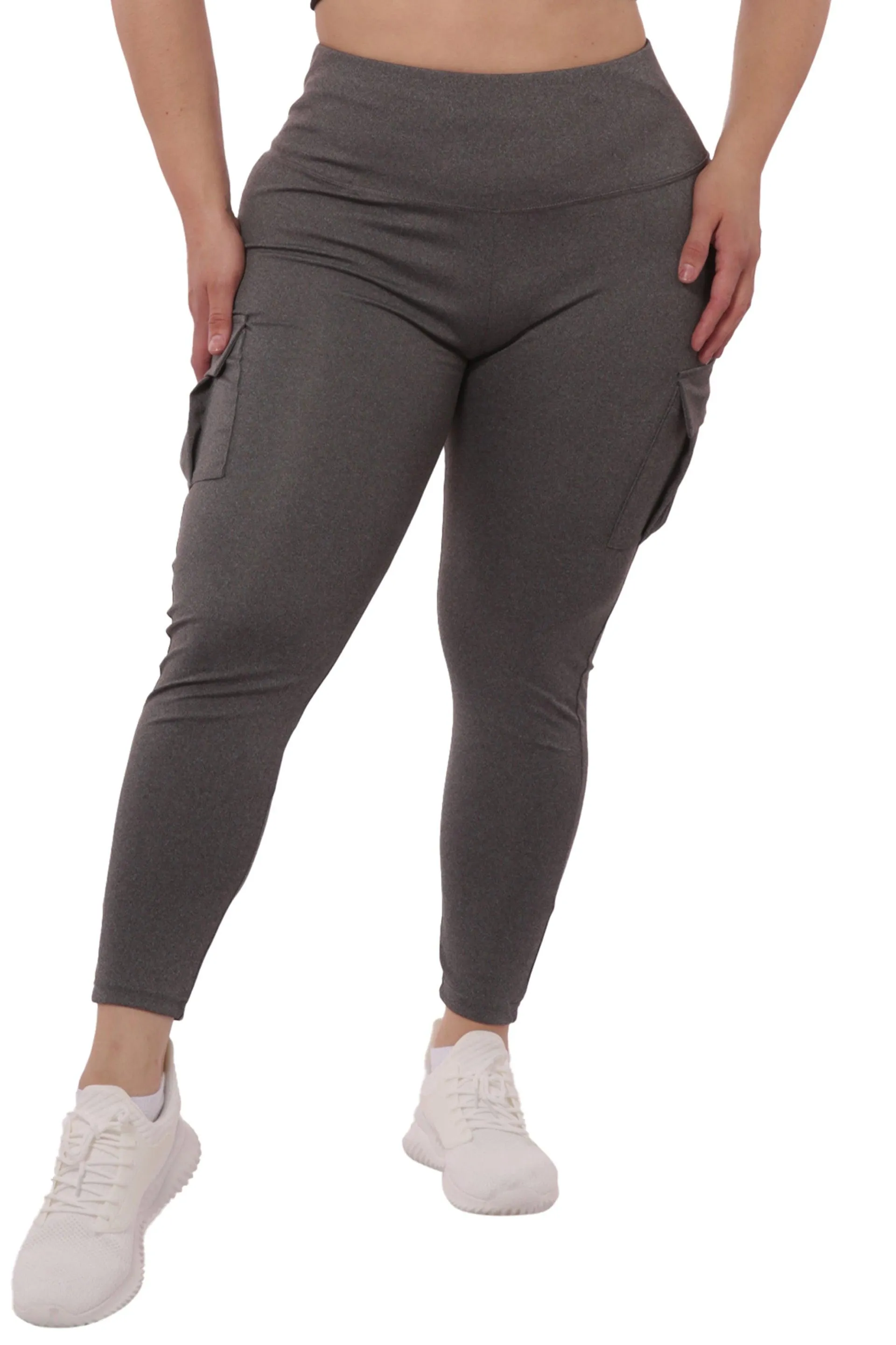 Plus Size Tummy Control Sports Leggings With Side Cargo Pockets - Grey