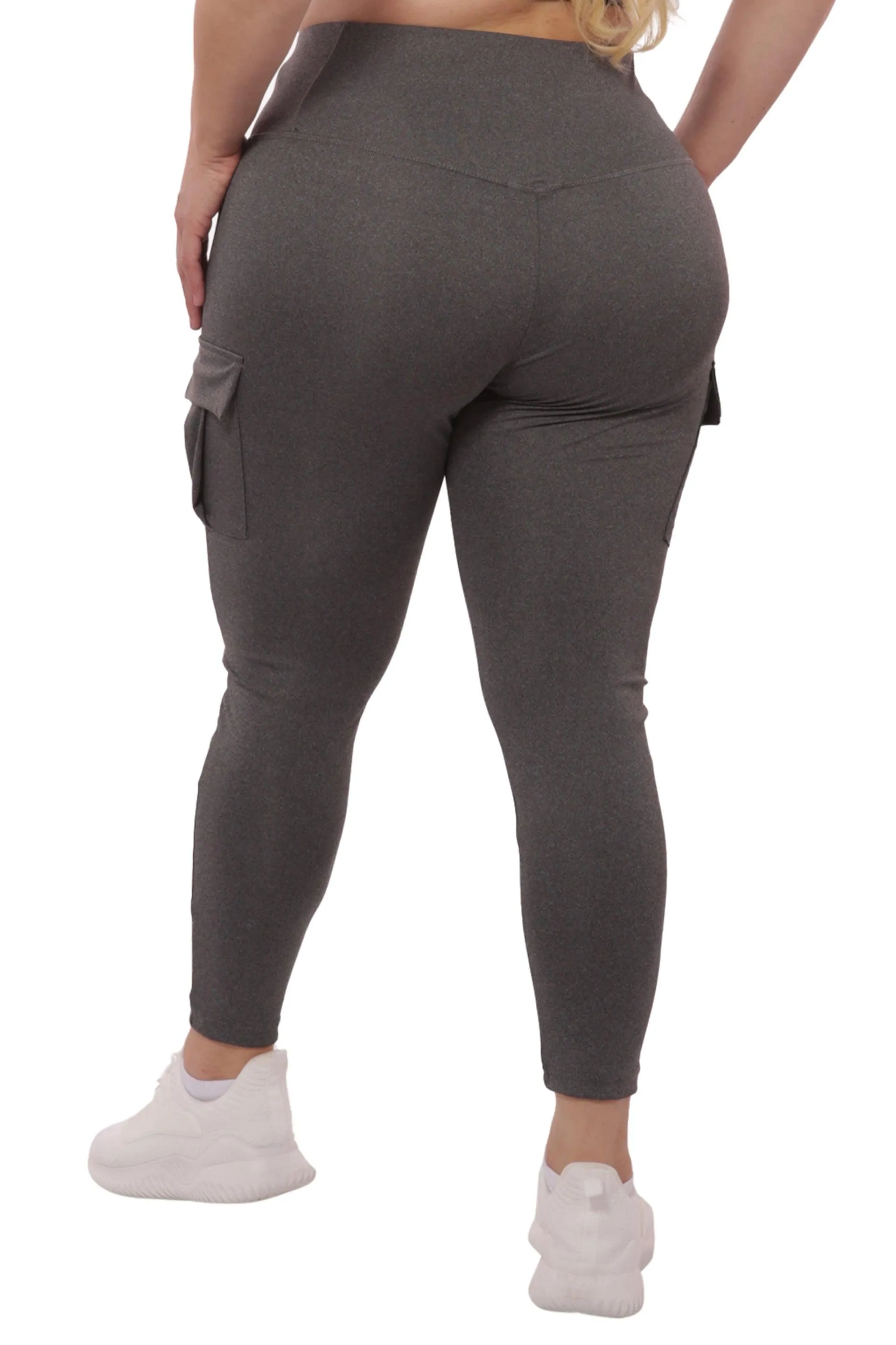 Plus Size Tummy Control Sports Leggings With Side Cargo Pockets - Grey