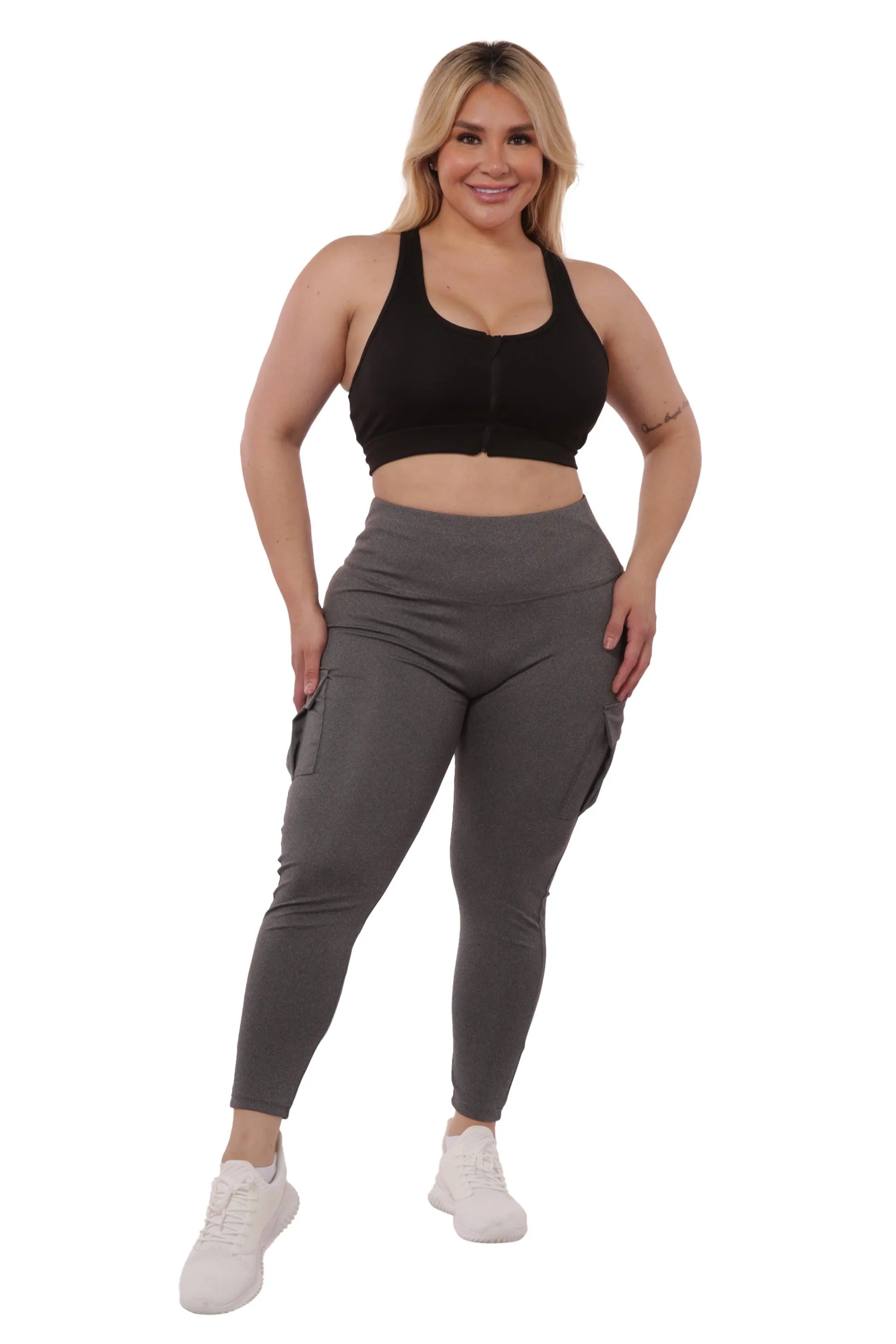 Plus Size Tummy Control Sports Leggings With Side Cargo Pockets - Grey