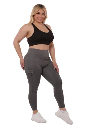 Plus Size Tummy Control Sports Leggings With Side Cargo Pockets - Grey