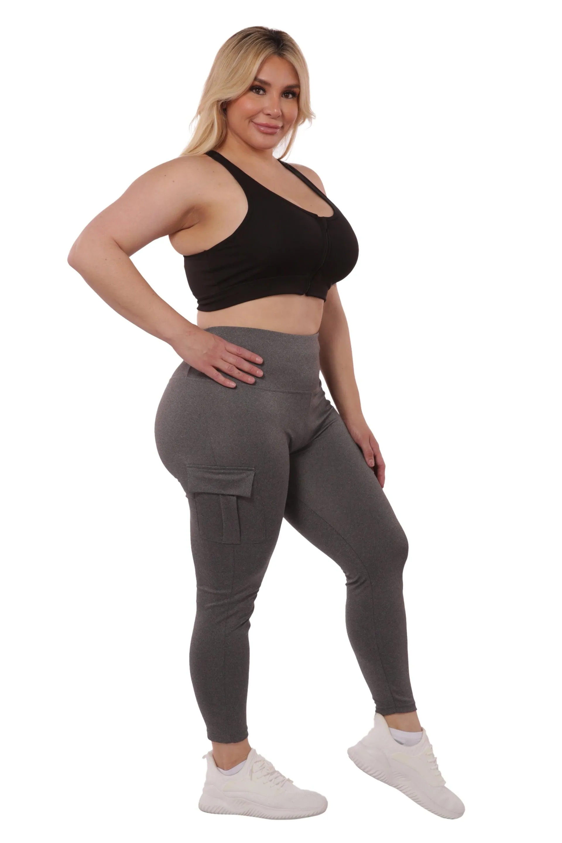 Plus Size Tummy Control Sports Leggings With Side Cargo Pockets - Grey