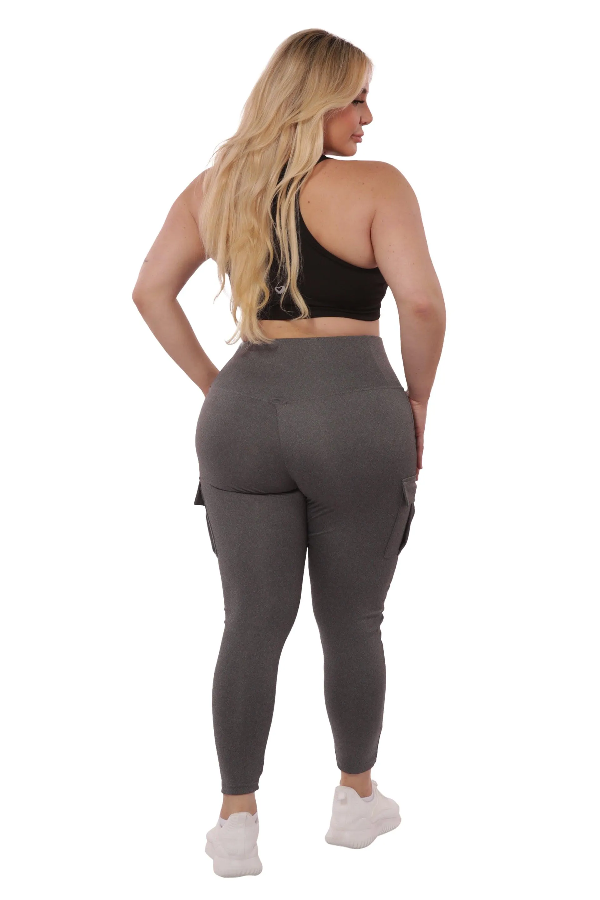 Plus Size Tummy Control Sports Leggings With Side Cargo Pockets - Grey