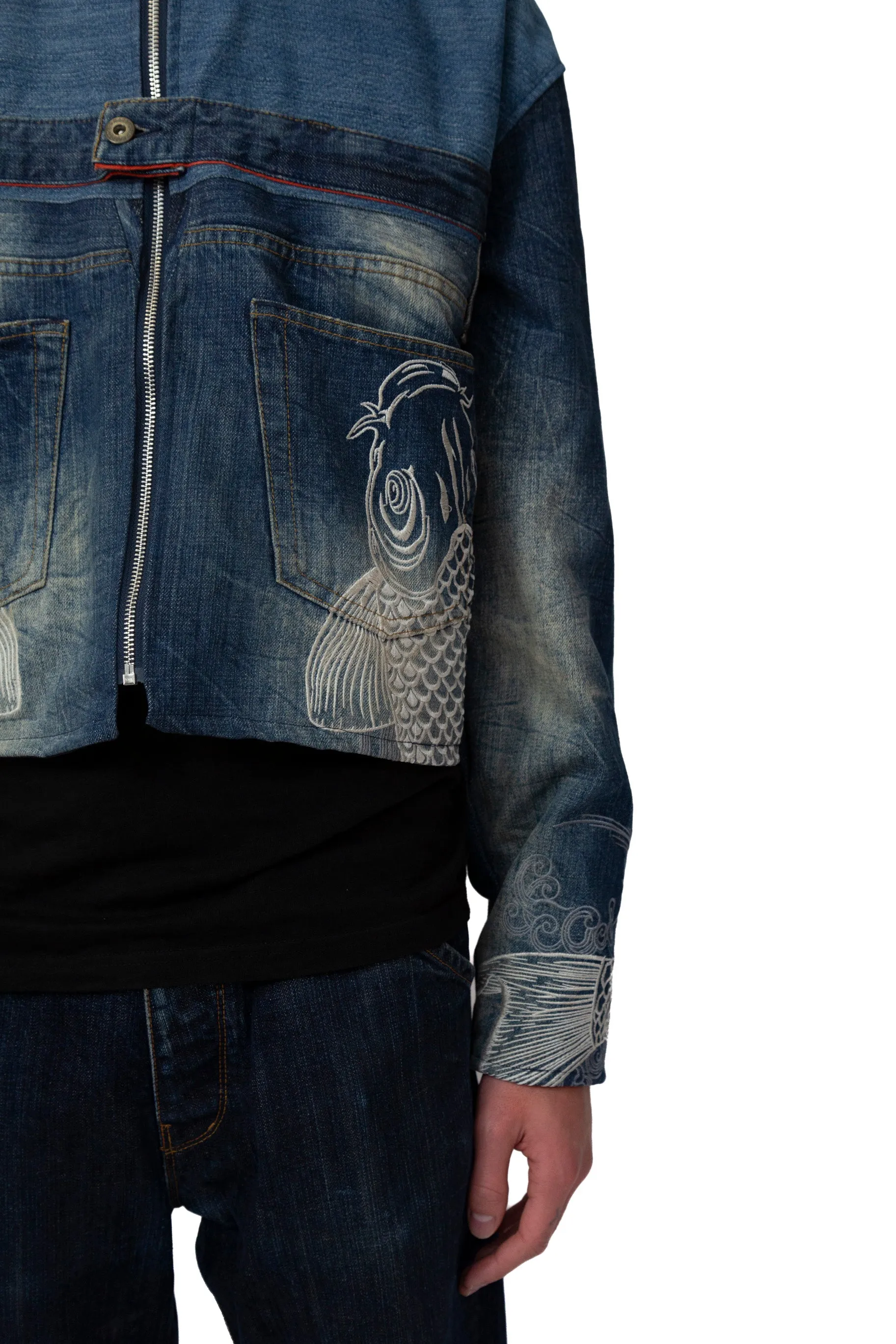 VT Rework: Kara Kuri Tamashi Zip Up Fish Embroidered Denim Jacket