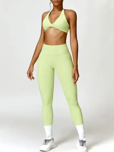 Women Twisted Halter Neck Bra and High Waist Leggings Active Set