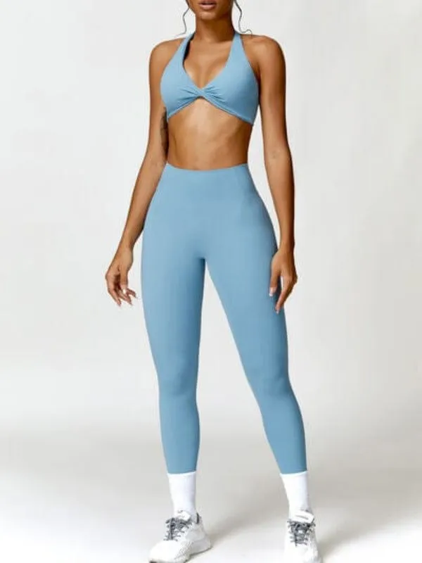 Women Twisted Halter Neck Bra and High Waist Leggings Active Set