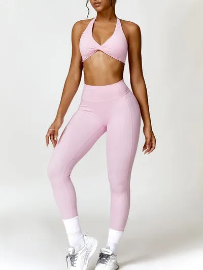 Women Twisted Halter Neck Bra and High Waist Leggings Active Set