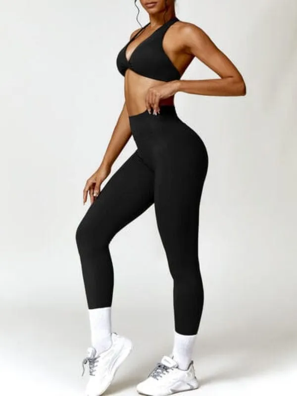 Women Twisted Halter Neck Bra and High Waist Leggings Active Set