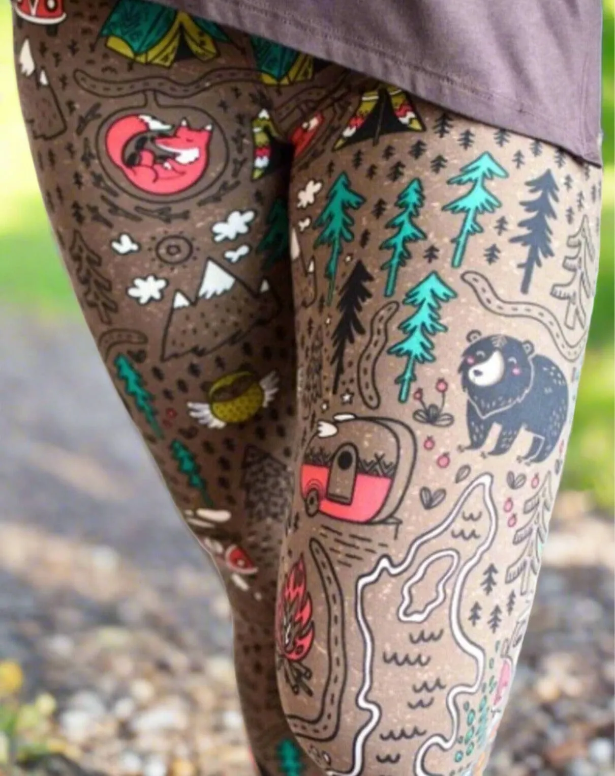 Womens Camper Bear Fox Owl Leggings, Soft Yoga Pants, Sizes 18-22, No-Roll Waist, Brown