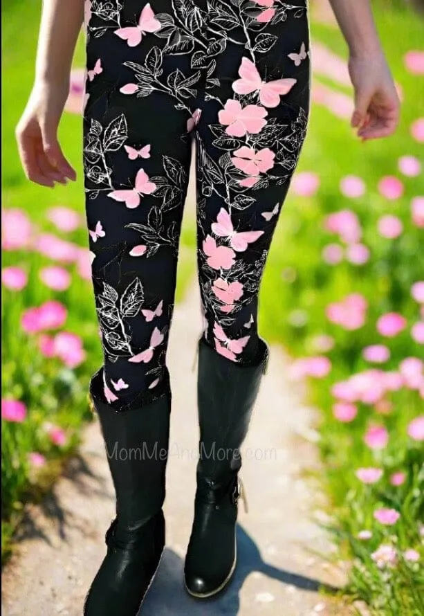 Womens Pink Butterfly Leggings, Soft Yoga Pants, Sizes 0-20, Yoga Waist, Pink/Black