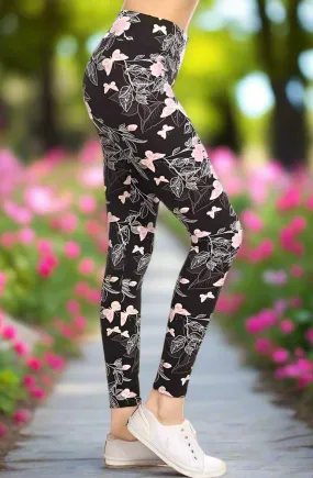 Womens Pink Butterfly Leggings, Soft Yoga Pants, Sizes 0-20, Yoga Waist, Pink/Black