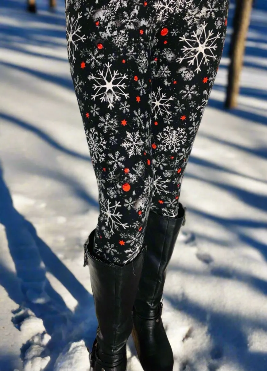 Womens Snowflake Christmas Leggings, Soft Yoga Pants, Sizes 0-20, Yoga Waist, Black/White