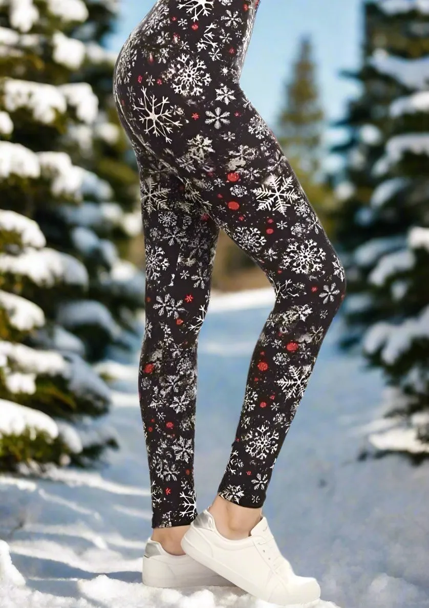 Womens Snowflake Christmas Leggings, Soft Yoga Pants, Sizes 0-20, Yoga Waist, Black/White