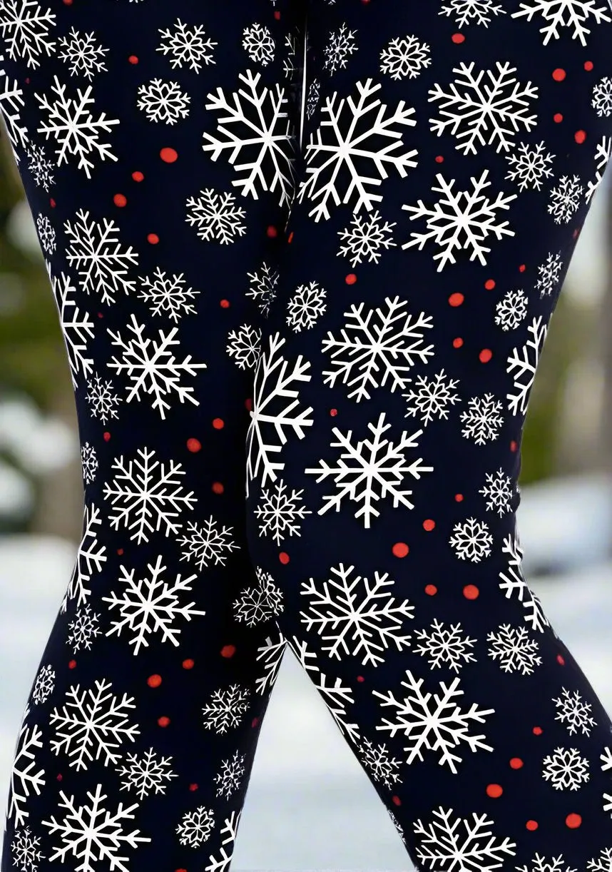 Womens Snowflake Christmas Leggings, Soft Yoga Pants, Sizes 0-20, Yoga Waist, Black/White