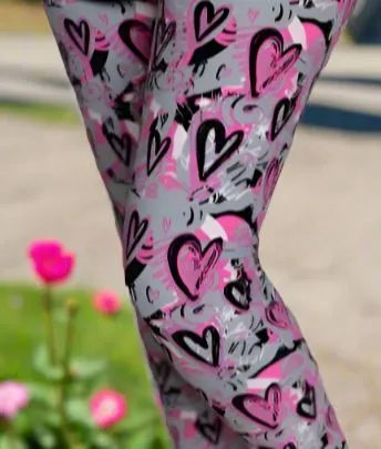 Womens Valentines Day Heart Leggings, Soft Yoga Pants, Sizes 0-18, Pink/Gray, No-Roll Waist