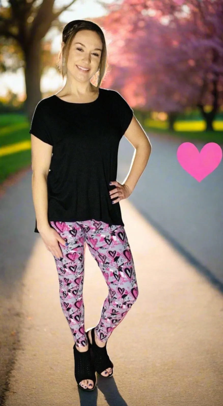 Womens Valentines Day Heart Leggings, Soft Yoga Pants, Sizes 0-18, Pink/Gray, No-Roll Waist