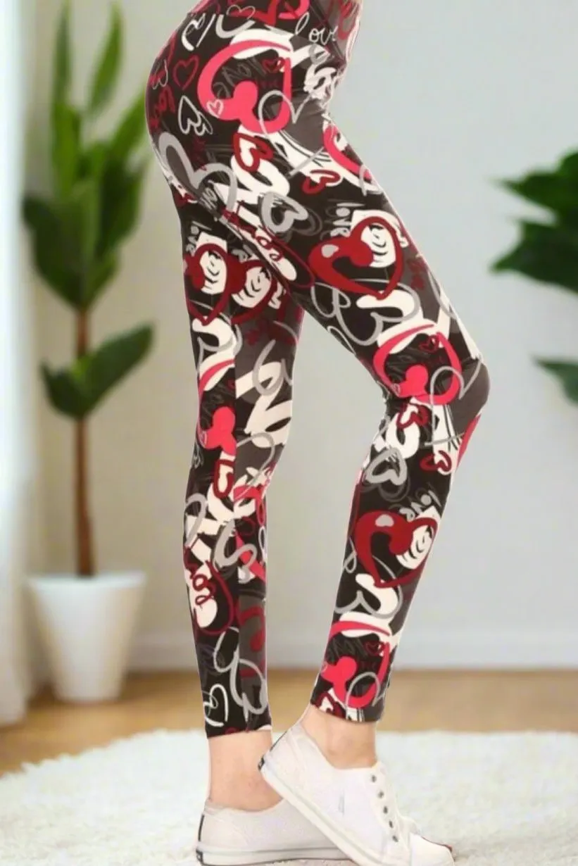 Womens Valentines Day Heart Leggings, Soft Yoga Pants, Sizes 0-20, Yoga Waist, Black/Red